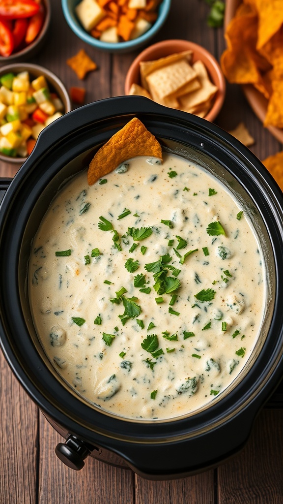 Creamy spinach queso dip in a crockpot with tortilla chips on a wooden table.